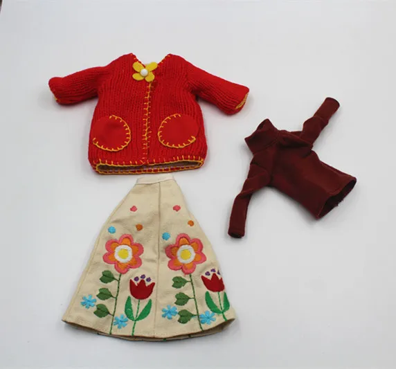 Кукольная юбка Blygirl Blyth с цветами красный свитер одежда была на три|doll clothes|blythe