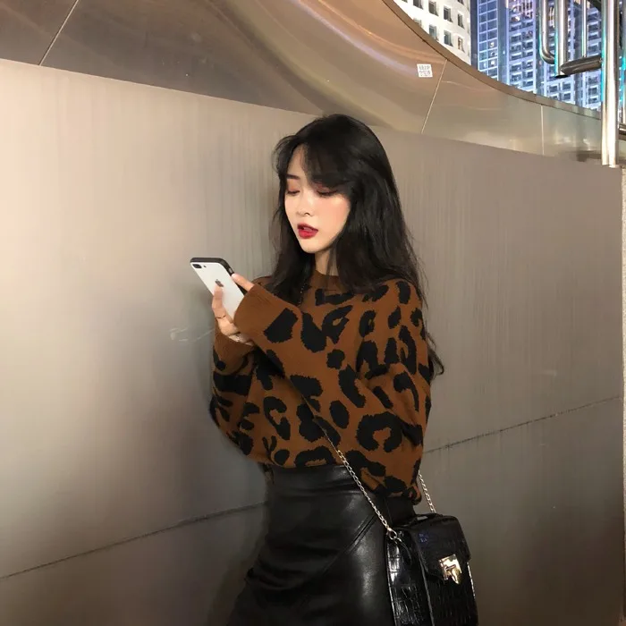 Корейский Повседневное Ретро Leopard свободные свитера Для женщин джемпер Kawaii