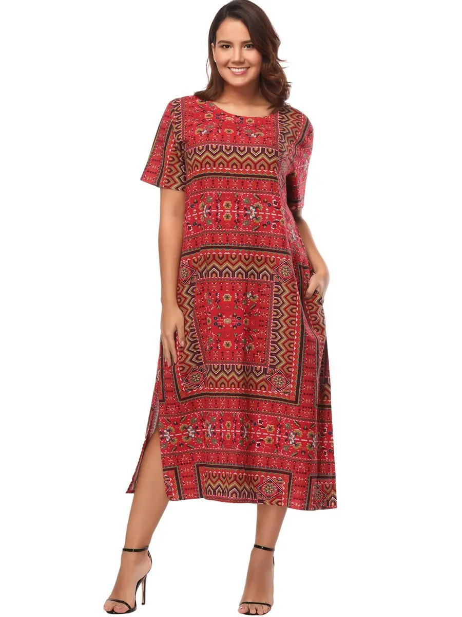 Женское свободное платье-Макси Boho Пляжное Платье с принтом Повседневное платье