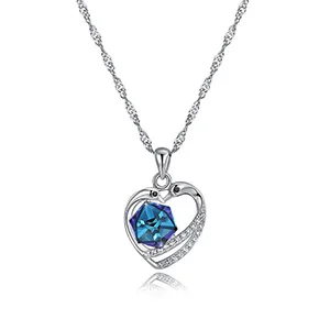 Blue Silver Элегантный Близнецы Лебедь синий кристалл из ожерелье Сваровски Сердце 925 стерлингового серебра кулон ювелирные изделия помолвка любовь на День святого Валентина - Цвет камня: Blue Silver