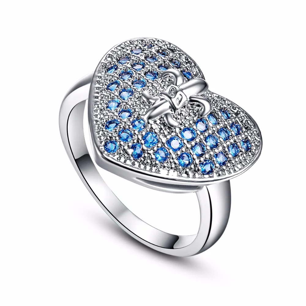 Высокое качество сердце серебряное кольцо синий AAA + Кубического Циркония