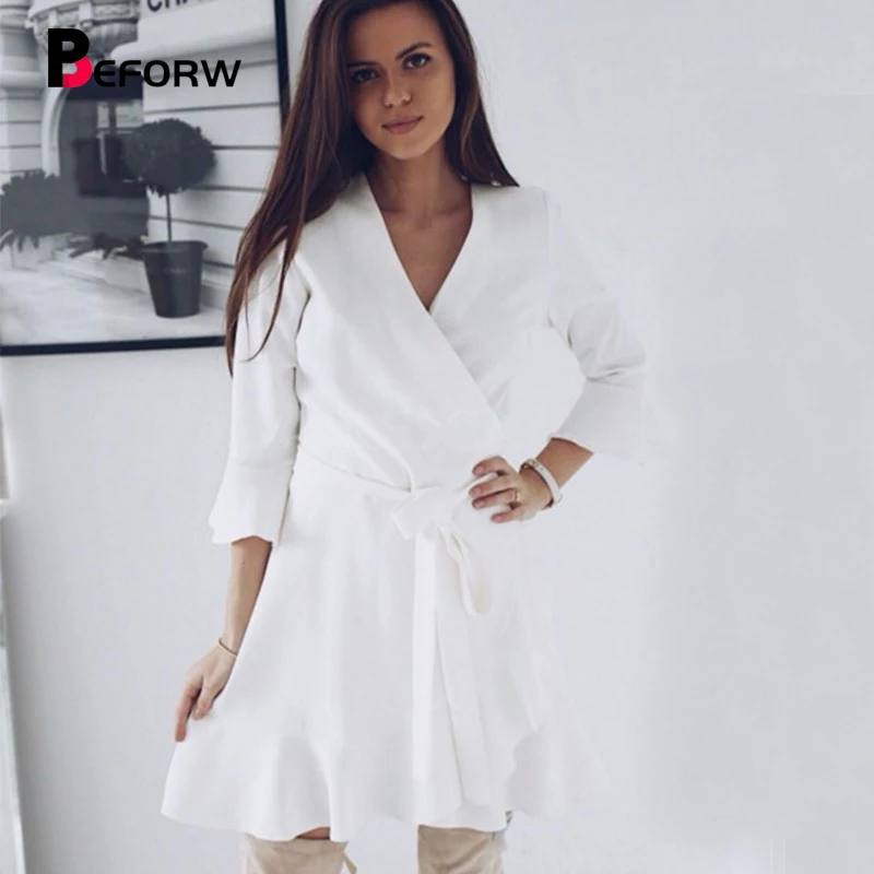 BEFORW Women Elegant Flare Long Sleeve Autumn Winter Dresses 2018 Sexy V Neck Lace Up Ruffle Mini Dress Female Casual Vestidos | Женская