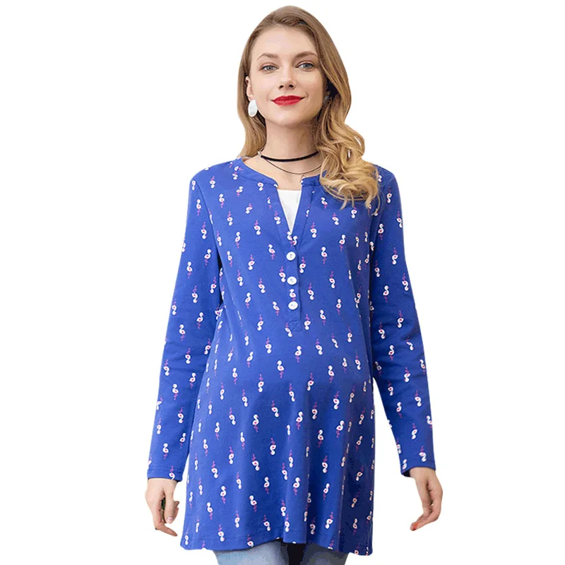 Женская футболка с v-образным вырезом и длинным рукавом с маленьким цветочным принтом для беременных Повседневная Одежда для беременных