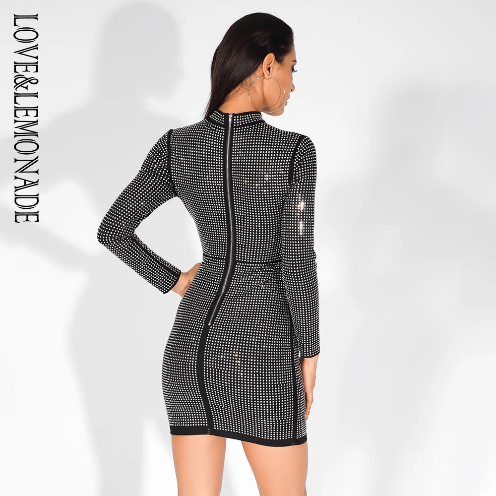 Love& Lemonade черный воротник-стойка обертывание груди клей алмазное украшение Bodycon длинный рукав вечернее платье LM81559
