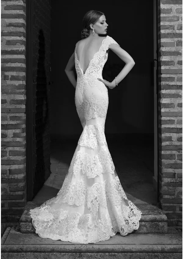Lace Mermaid Wedding Dresses Boat Neck Short Sleeves Floor Length Open Back Bridal | Свадьбы и торжества