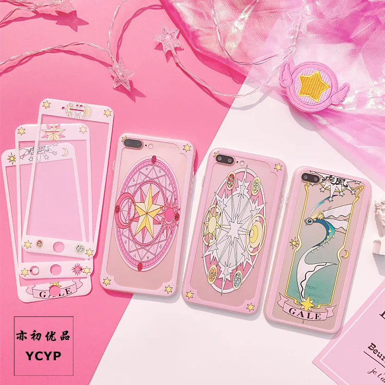 For iphone X Cardcaptor Sakura Case +Tempered Glass Screen film Pink Sailor Moon case for 6 6S plus 7 7plus 8 8plus |