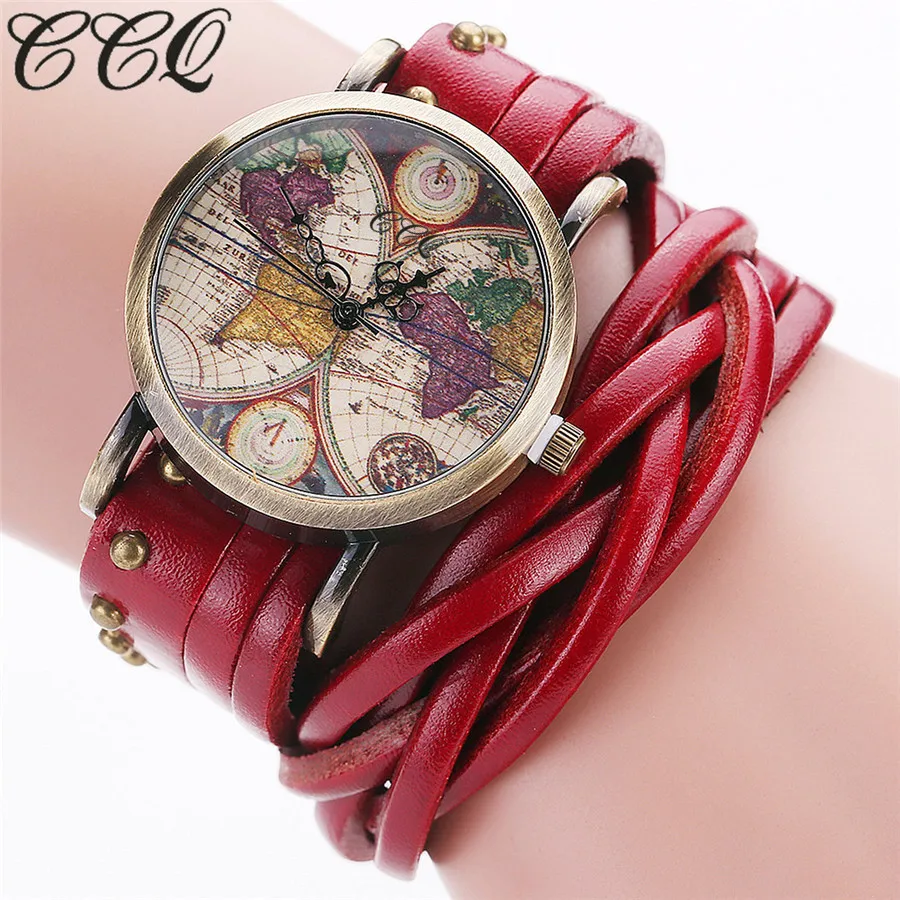 CCQ Марка Мода Урожай Ретро Заклепки Плетеный Натуральная Кожа Карта Мира Часы
