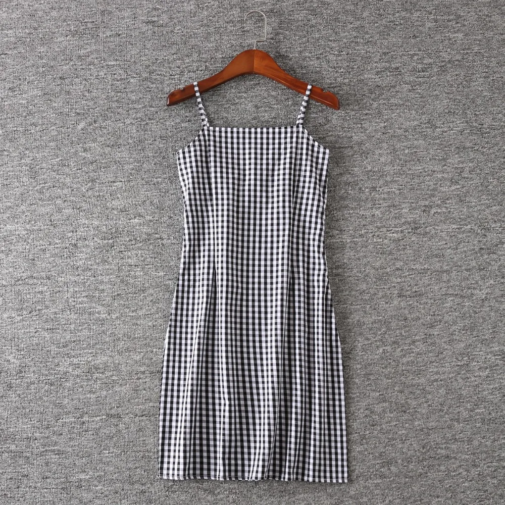 Женское черно белое клетчатое платье на бретельках с принтом в мелкую клетку|cami