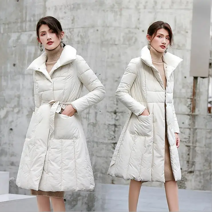 White Модное осенне-зимнее пальто для женщин, верхняя одежда с большими карманами,, Длинная тонкая Толстая хлопковая трапециевидная Женская куртка, парка с поясом CM839 - Цвет: White