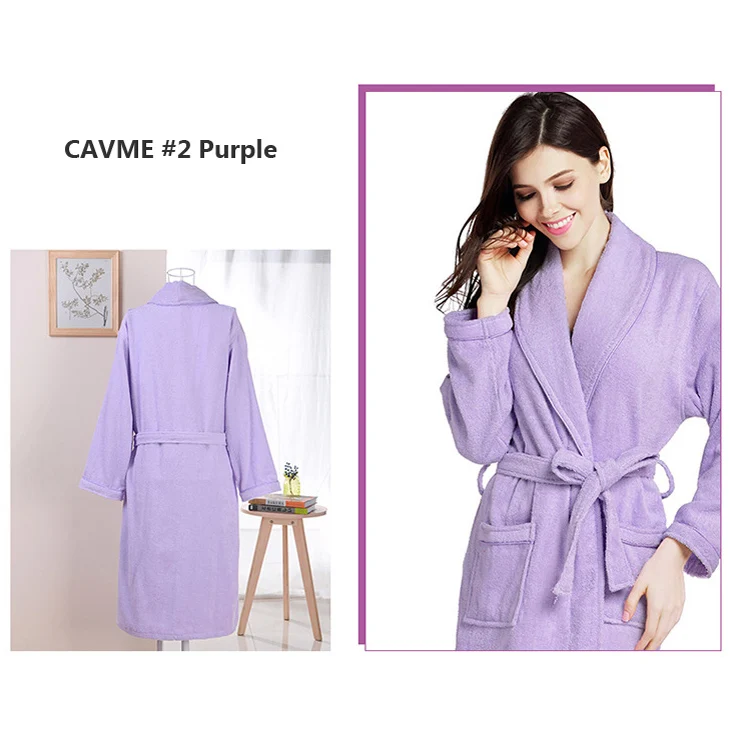 CAVME 2 Purple Хлопковый махровый халат для пары, кимоно, полотенце, халат для отеля, халаты для женщин и мужчин, длинный халат для отдыха, длинный рукав, ночной халат - Цвет: CAVME 2 Purple