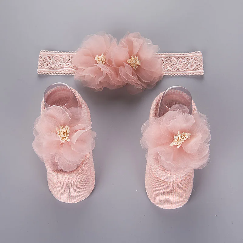 Pink Хлопковые носки для малышей, набор для волос, малыш новорожденный младенец, кружевной цветок, повязка на голову, вечерние аксессуары, Нескользящие Детские носки-Тапочки - Цвет: Pink