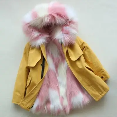 Yellow Pink Fur От 2 до 12 лет пальто с мехом для девочек; детские меховые куртки с капюшоном; сезон весна-осень; куртки для девочек и мальчиков; зимние парки; детский зимний комбинезон - Цвет: Yellow Pink Fur