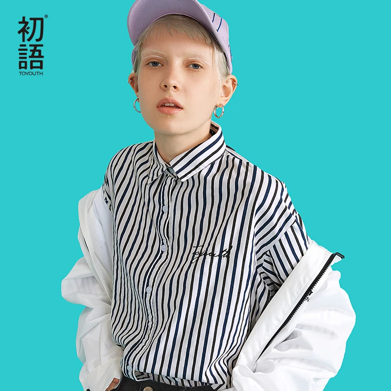 Тойуф Фэшн Опенинг Кафф Вумен Ширтс Луз Эмбройдери Леттерс Блузес Кореан Стайл Коттон Стрипед Лонг Слив Фемейл он.