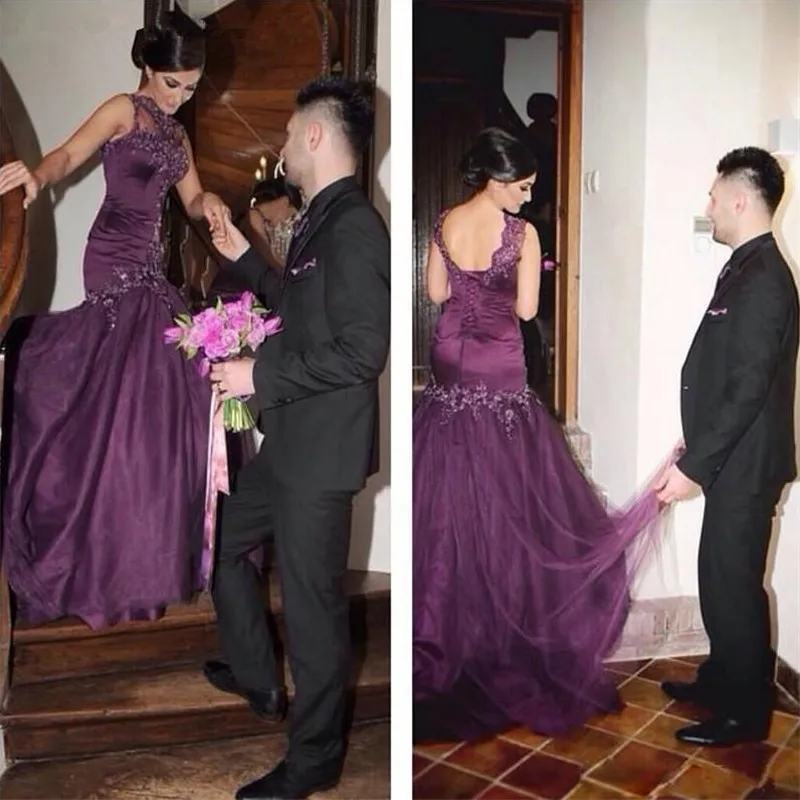 Элегантный Фиолетовый Вечерние Платья Носить Русалка Sheer Высокая Шея Аппликация