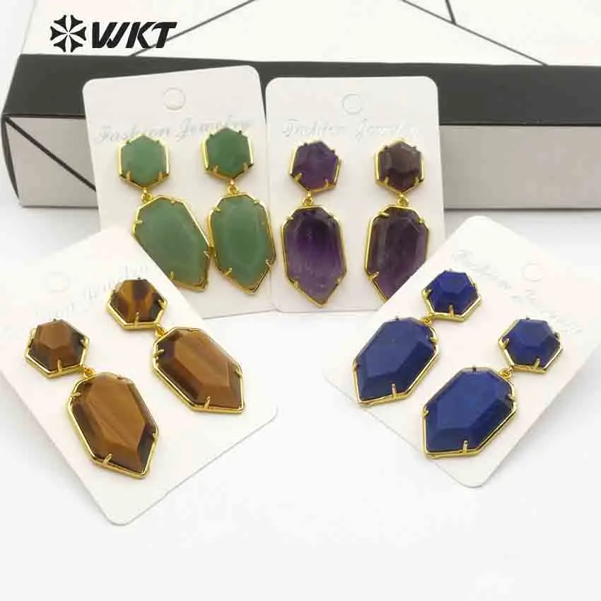 WT-E475 WKT оптовая продажа, серьги-капли из натурального камня, кулон в форме щита и шестигранные шпильки, чистое золото, красивые женские ювели...
