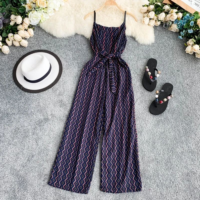 Женский шифоновый комбинезон с поясом свободный короткий открытой спиной лето