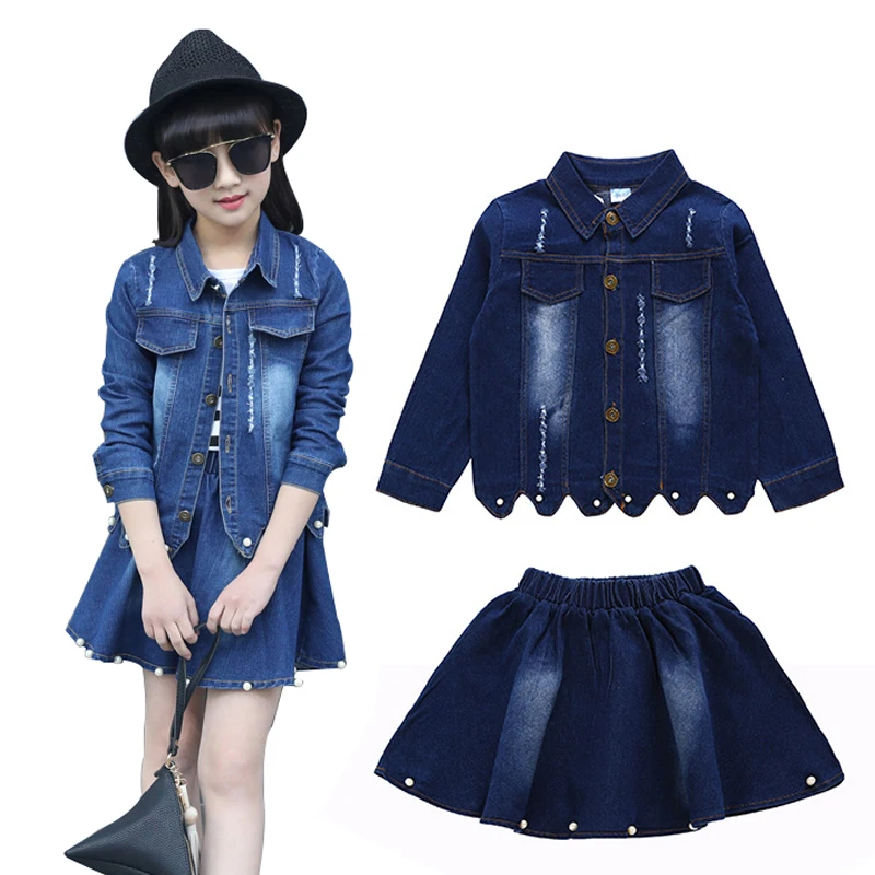 Комплекты детской одежды для девочек на весну осень 2 предмета джинсовая куртка и