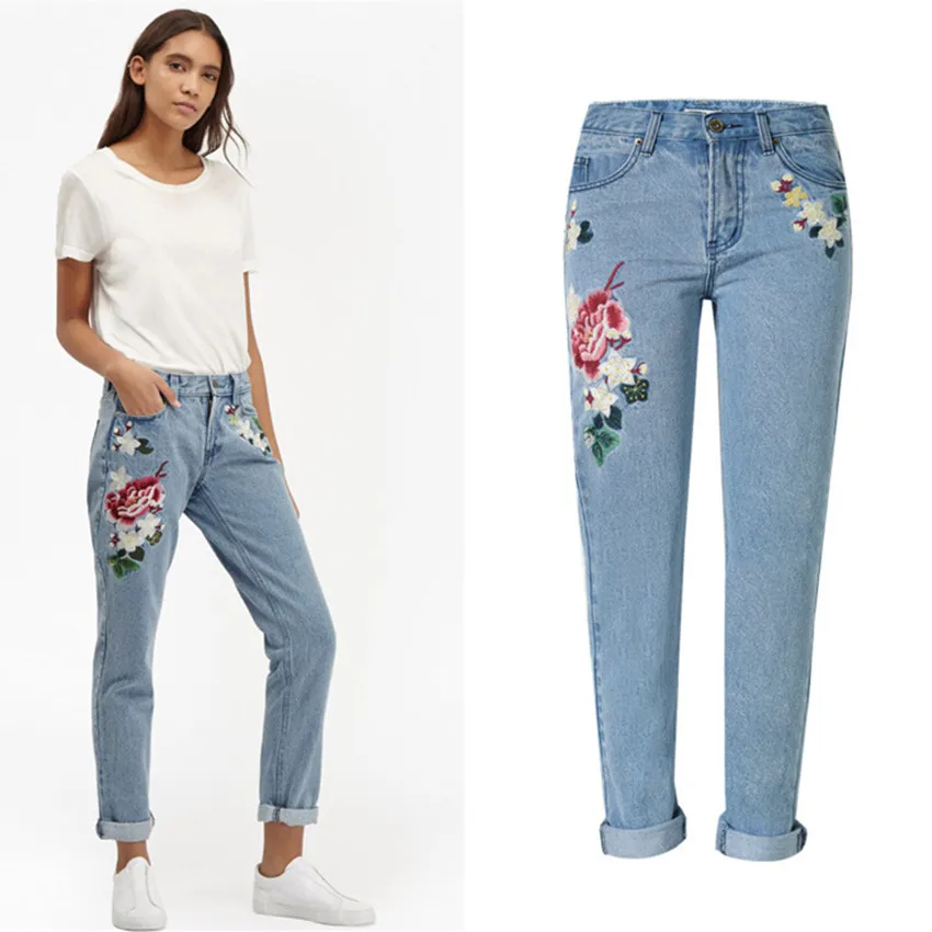 2018 женская одежда средняя талия Роза вышивка из чистого хлопка свободное прямые