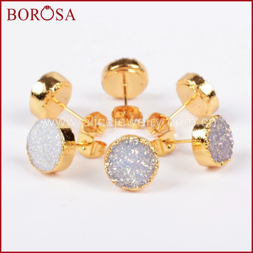 BOROSA модные золотые Druzy, серьги со шпилькой, для Для женщин, 10 мм круглый хрустальный титановый AB Druzy серьги-гвоздики G681