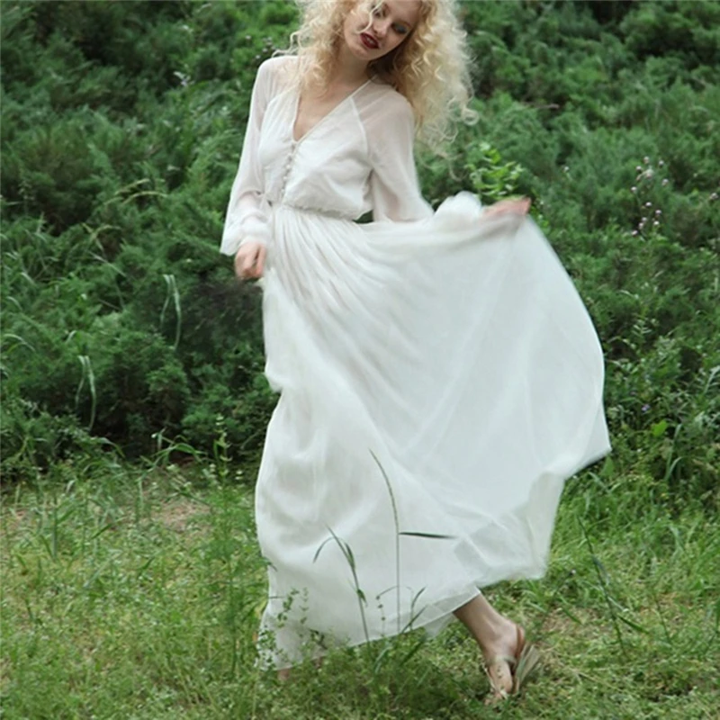 Женское шифоновое платье макси повседневное однотонное белое пляжное с v