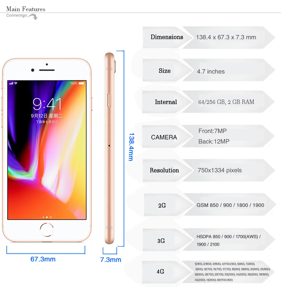 Apple iphone 8, шестиядерный процессор, ОЗУ 2 Гб ПЗУ, 64 ГБ, 4,7 дюймов, 12 МП, разблокирован, 1821 мАч, iOS 11 LTE, отпечаток пальца, мобильный телефон iphone 8
