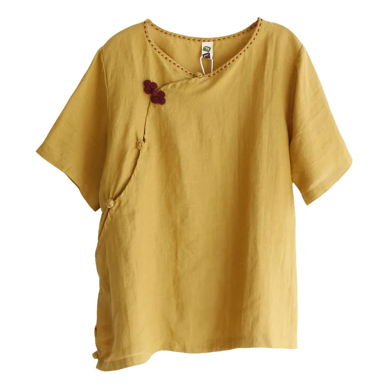 6418 Summer Women Literary Vintage Chinese Style T-shirts Buckle Loose Short Sleeve V-Neck Ramie T-shirt Tops | Женская одежда