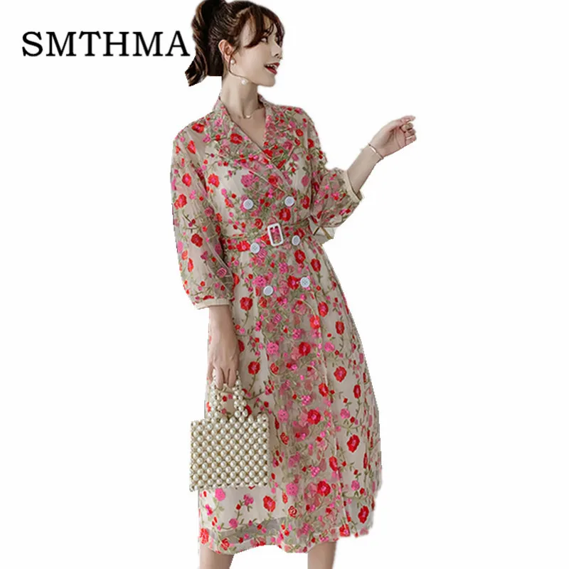 picture color Женское платье с вышитыми цветами SMTHMA, дизайнерское подиумное сетчатое платье, лето - Цвет: picture color
