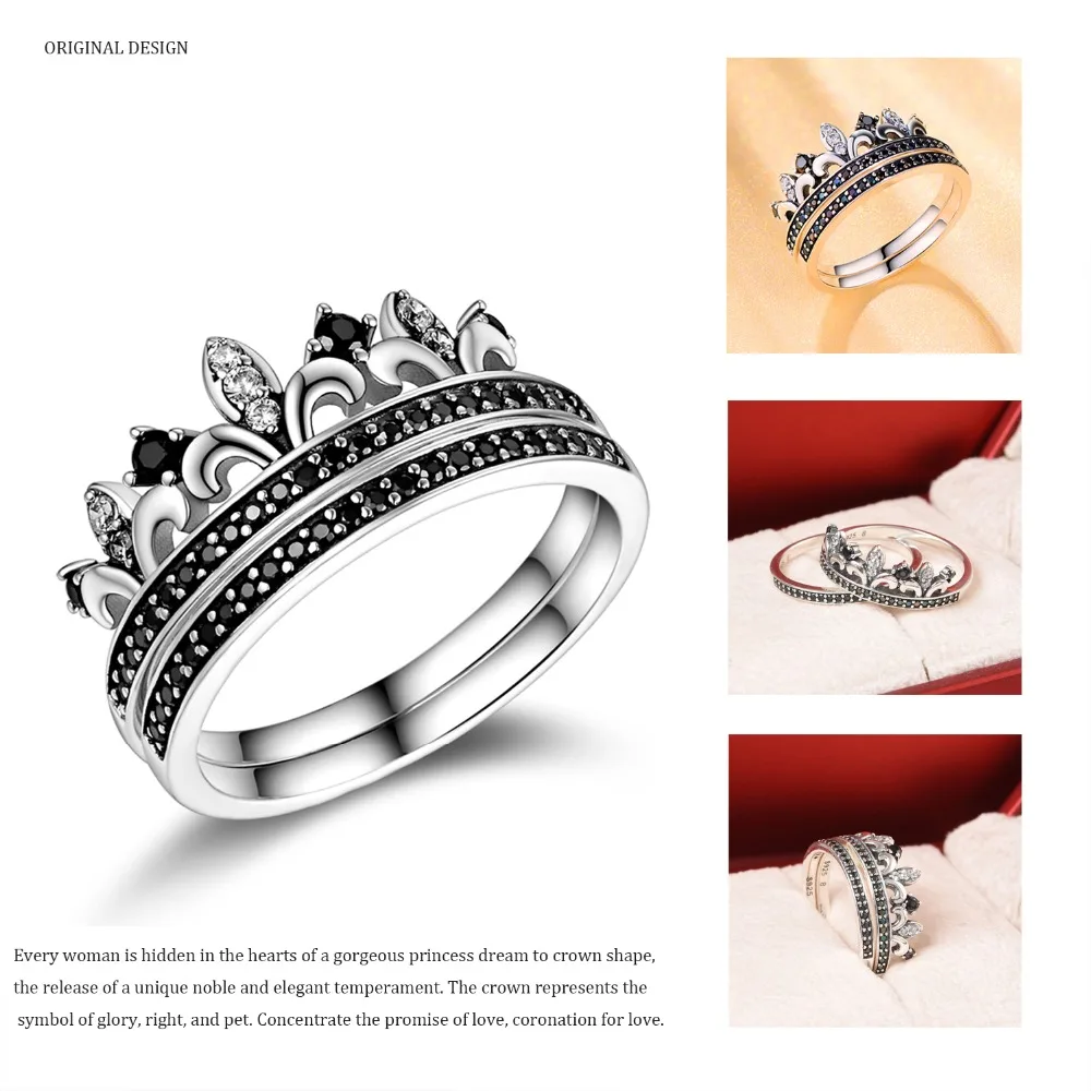 925 Серебряное кольцо Принцесса Корона с черным прозрачным кристаллом двойное