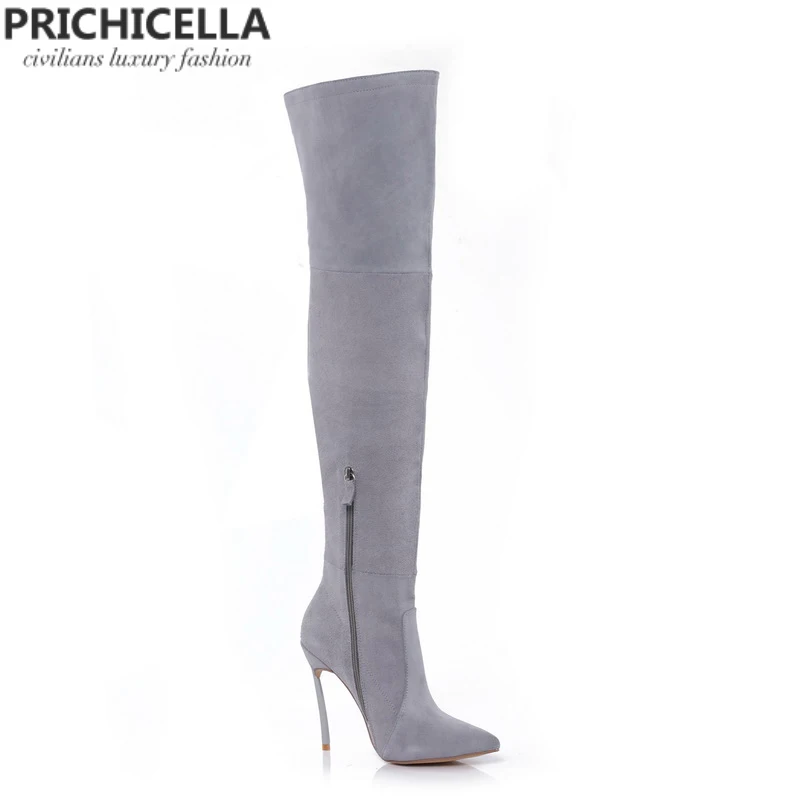 Кожаные Сапоги выше колена PRICHICELLA 8 см 10 цвет серый|high booties|knee bootsover knee boots |