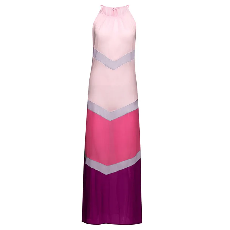 Сексуальное женское платье с лямкой на шее в полоску стиле пэчворк