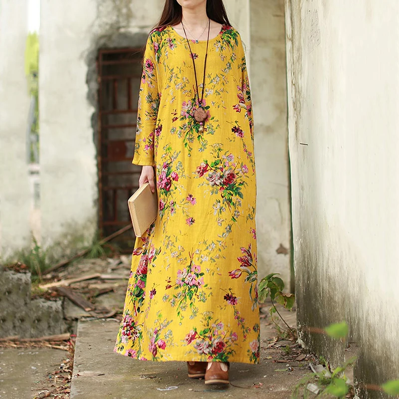 Для женщин ретро большого размера с длинными рукавом свободное цветочным