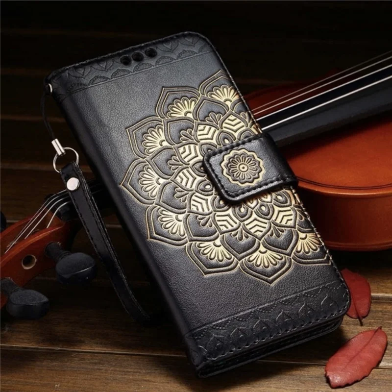Роскошный кожаный чехол-книжка с 3D тисненым цветком для iPhone XS Max XS XR X 8Plus 8 7Plus 7 6s Plus 6s 5S SE кожаный чехол-кошелек - Цвет: Черный