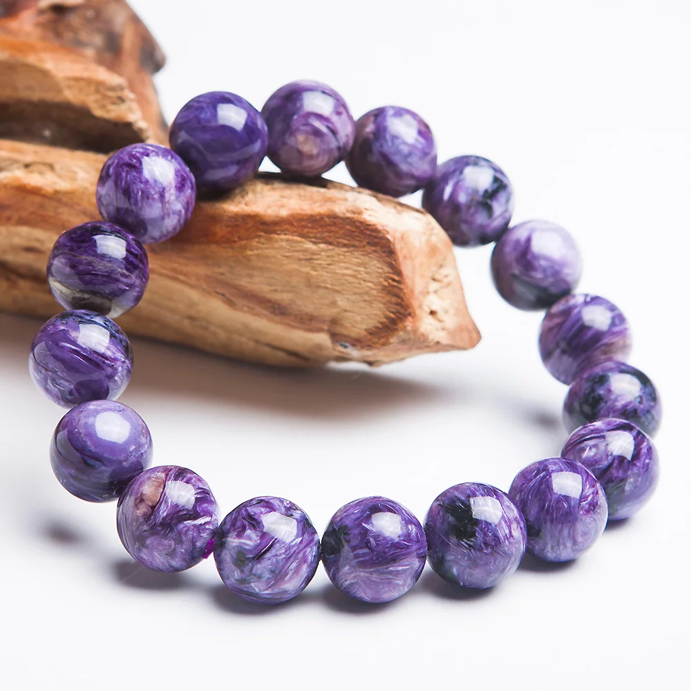 Женский браслет с круглыми бусинами из натурального фиолетового шароита 12 мм