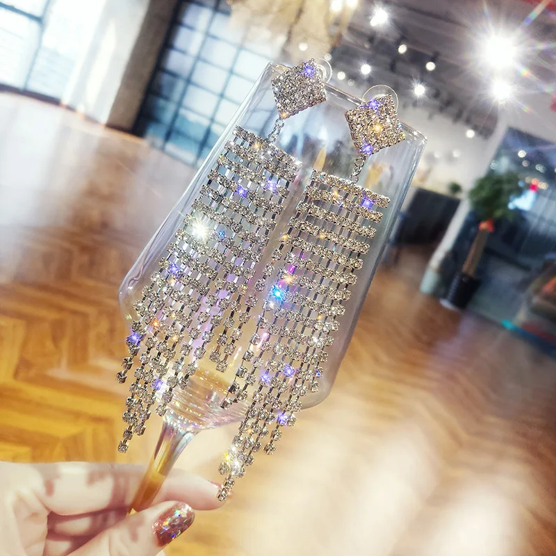 Luxury Geometric Rhinestone Earrings for Women Shiny Gold Silver Color Long Tassel Wedding Party Jewelry Bijoux | Украшения и