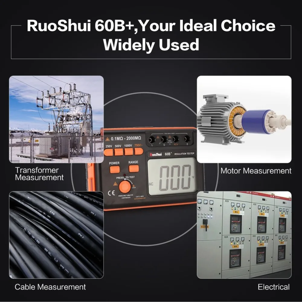 RuoShui 60B + 1000V Цифровой Автоматический диапазон тестер сопротивления изоляции