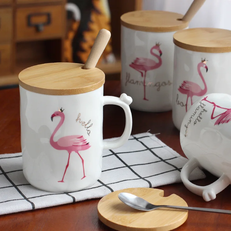 Розовая Корона Фламинго мультяшная фарфоровая кофейная кружка с деревянной