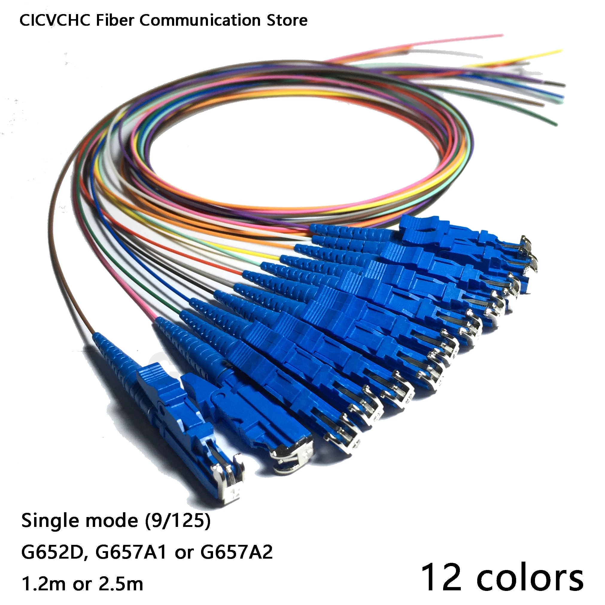 12 Colors LSH (E2000)/UPC-SM(9/125)-G652D, G657A1, G657A2-0.9mm Cable-1.2m or 2.5m / OS2 Optical Fiber Pigtail