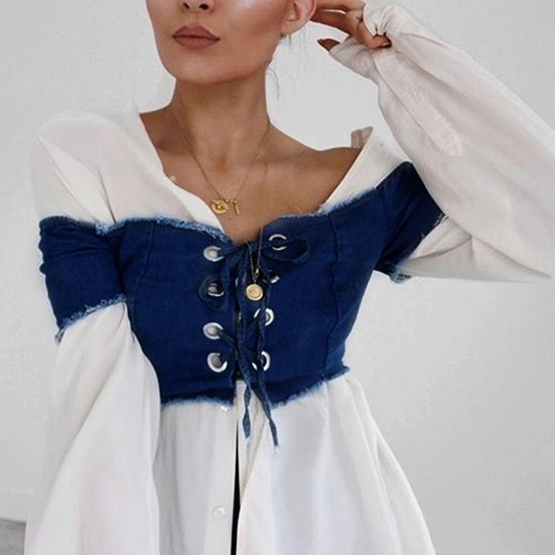 Лидер продаж сексуальные топы футболка на шнуровке джинсовые синие футболки с