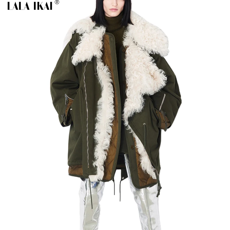 Армейский зеленый зима Парка на пуху Для женщин ягненка Мех животных внутренняя