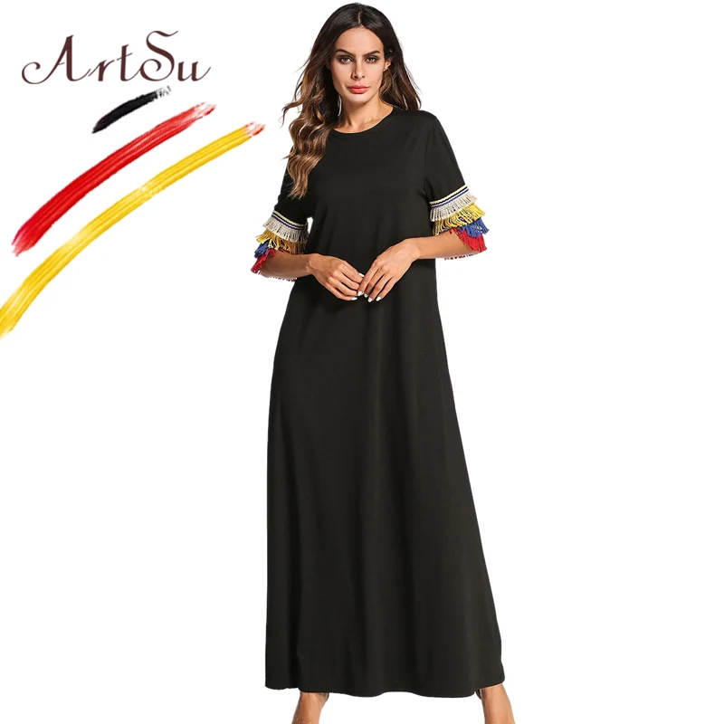 

ArtSu женское винтажное длинное платье с кисточками, черное Повседневное платье макси с коротким рукавом, женское платье Ete 2018 4XL, большие разм...
