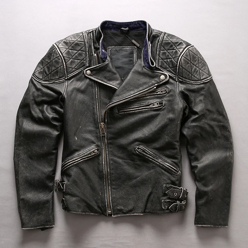 

2018 Men Retro Vintage Gray Motorcycle Leather Jacket Fashion Thick Cowskin 3D Print Back Skull Rider Jackets Biker Coats