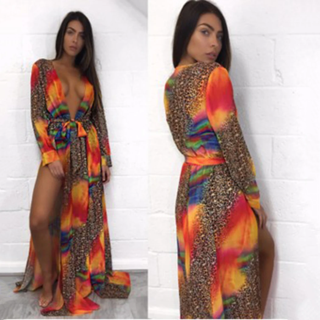 Женское бикини пляжное макси платье саронг кимоно кафтан Леопардовый цвет