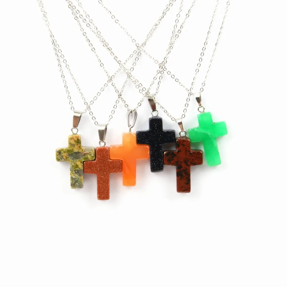

Cross Shaped Religious Natural Reiki Semi precious Stone Agate Jade Turquoise Pendant Necklace Neutral Style Jewelry Charm Gift