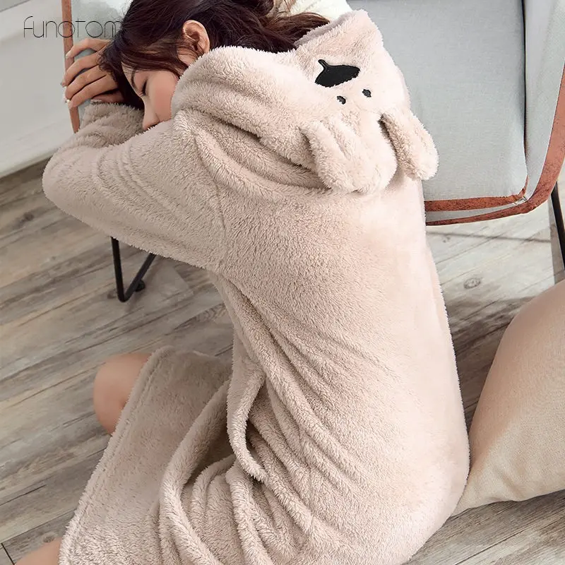 Зимние милые теплые банные халаты для женщин с рисунком медведя кролика банный