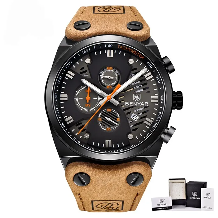 black orange Benyar Брендовые мужские часы 30 м водонепроницаемые кварцевые часы деловые мужские кожаные часы Авто Дата наручные часы Relojes - Цвет: black orange