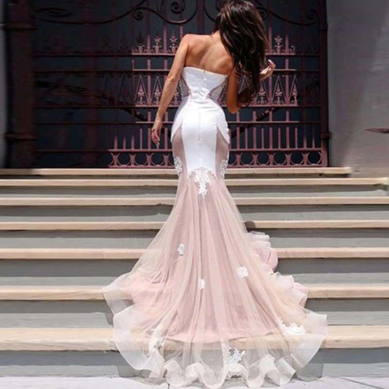Sweetheart Lace Tulle Prom Gowns Gorgeous Mermaid Strapless Floor Length Ruffles Evening Formal Party Dresses Custom Made | Женская