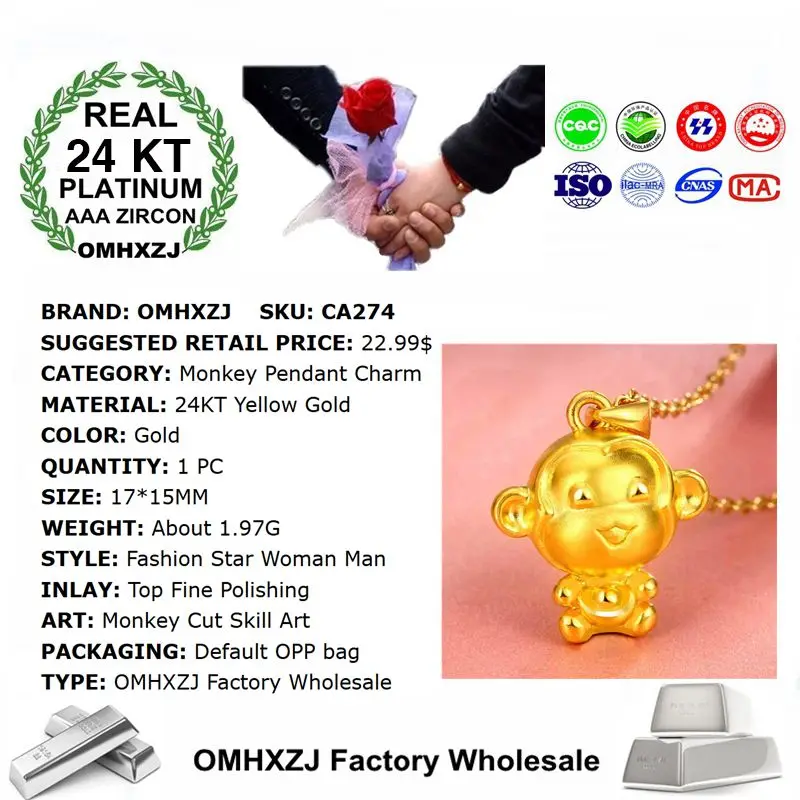 OMHXZJ Wholesale European Fashion Woman Man Party Wedding Gift Monkey 24KT Yellow Gold Necklace Pendant Charm CA274 | Украшения и