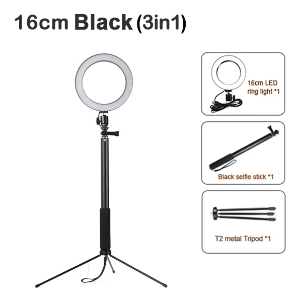 16cm black 3 in 1 Кольцевой светильник 16/20/26 см фотографии светодиодный селфи светильник ing с регулируемой яркостью для макияжа мобильного телефона в реальном времени Studio с общим объемом 180 см штатив-тренога USB разъем - Цвет: 16cm black 3 in 1