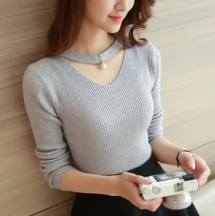 New winter sweater bottoming openwork beaded wild female short paragraph hedging long-sleeved shirt | Женская одежда