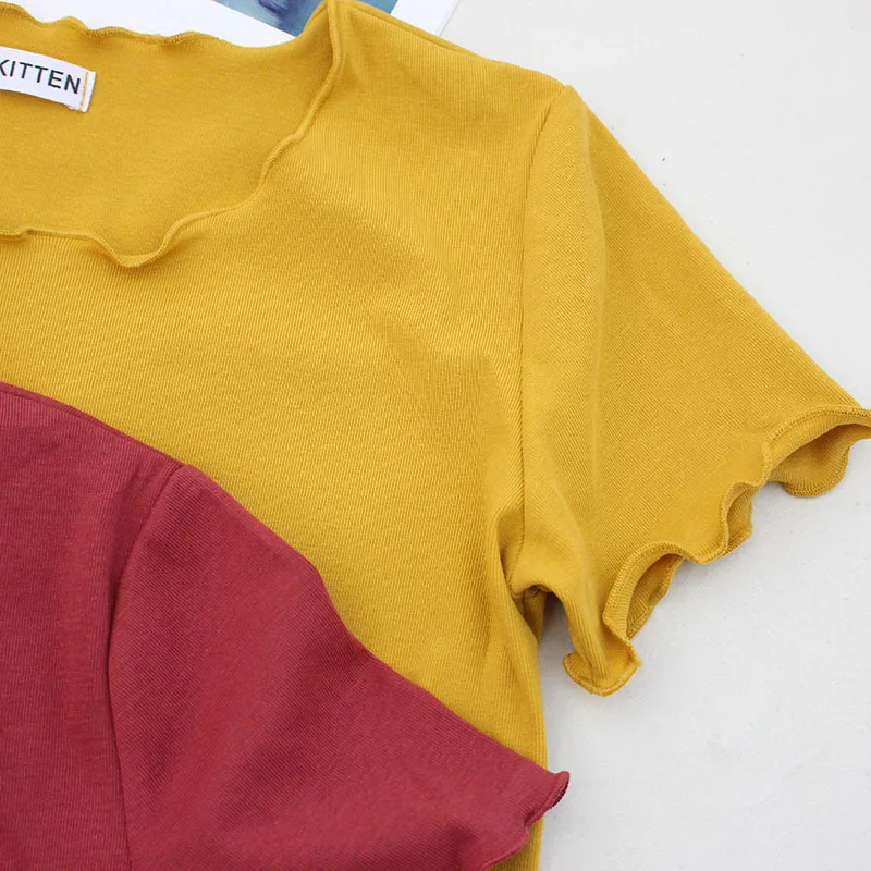 

2019 Summer Ruffles Collar T-Shirt Women Basic Casual T-Shirt Women Cotton Breathable Slim Tops Tee Shirt Femme